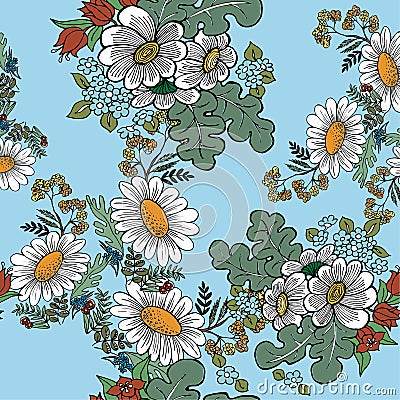 Decorative meadow flowers on blue background. Seamless pattern. Stock Photo